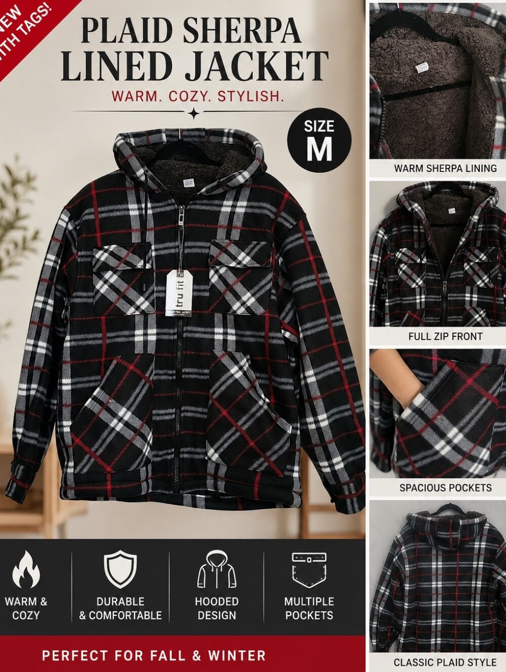 Plaid Sherpa Lined Hooded Jacket – Size M – Black Red Gray